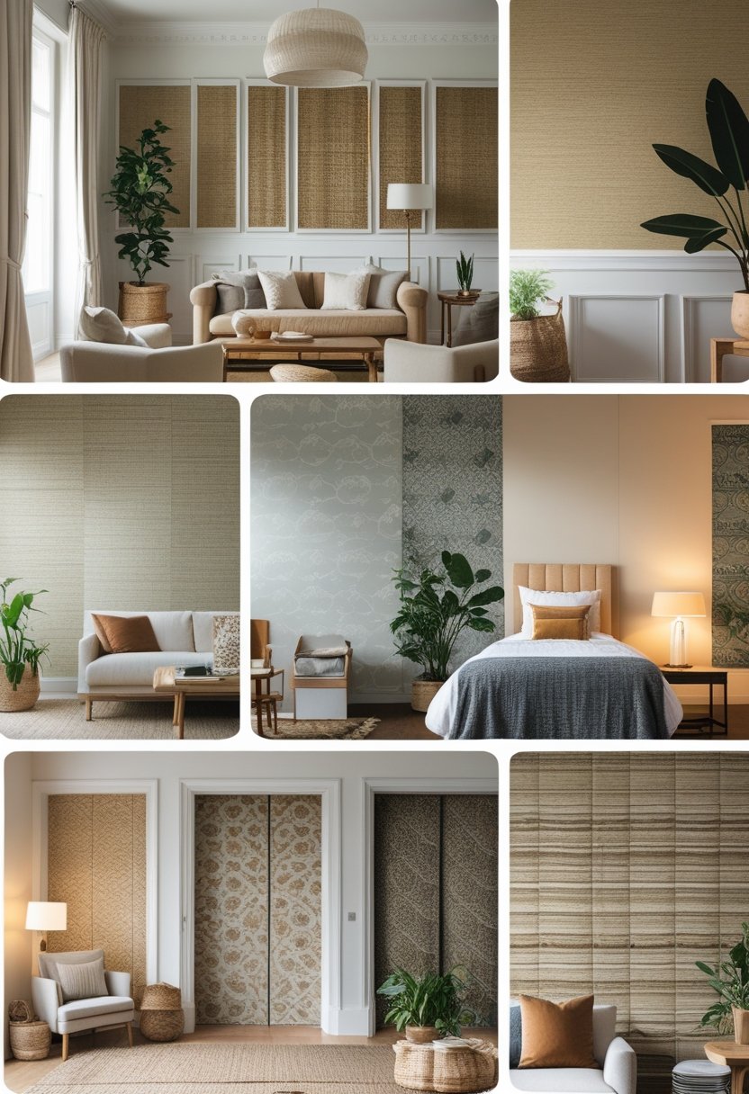 A collage of several rooms showing different wallpaper designs and textures, including living room, bedroom, and dining area interiors with furniture and plants.