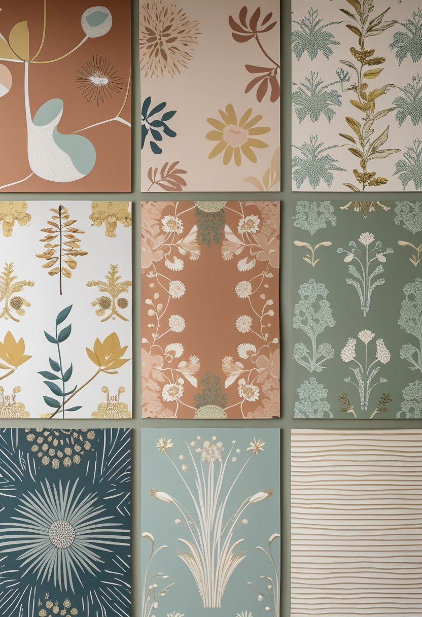 A collage of various wallpaper samples with different patterns and colors arranged neatly.