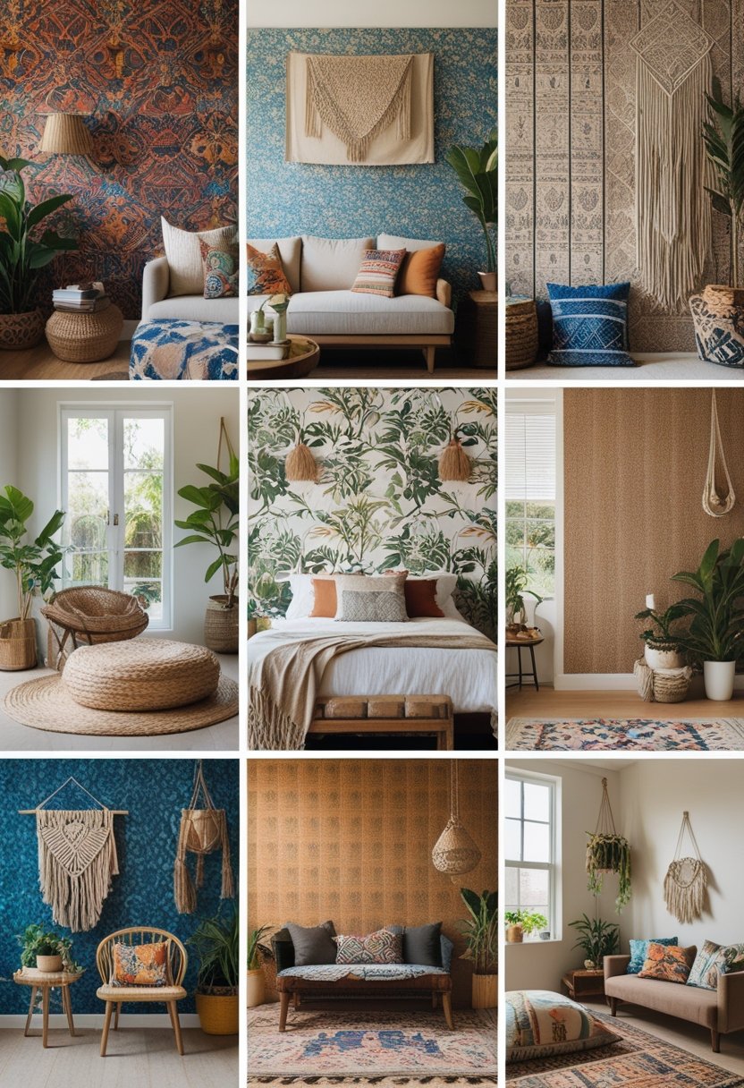 A collage of various home interiors showing different wallpaper designs in living room, bedroom, dining area, and reading nook with furniture and plants.