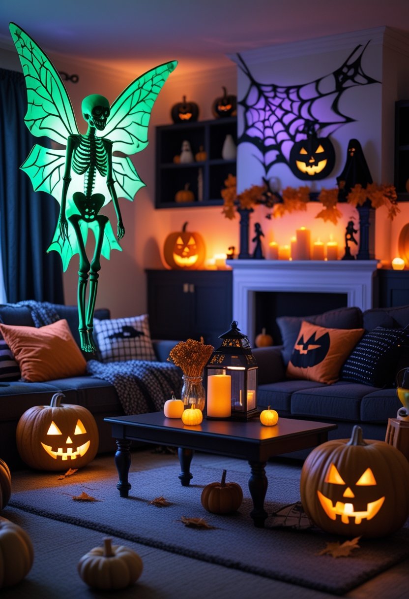 A collage of Halloween living room decorations featuring a glowing skeleton fairy with green wings, pumpkins, cobwebs, candles, and autumn accents in a cozy living room.