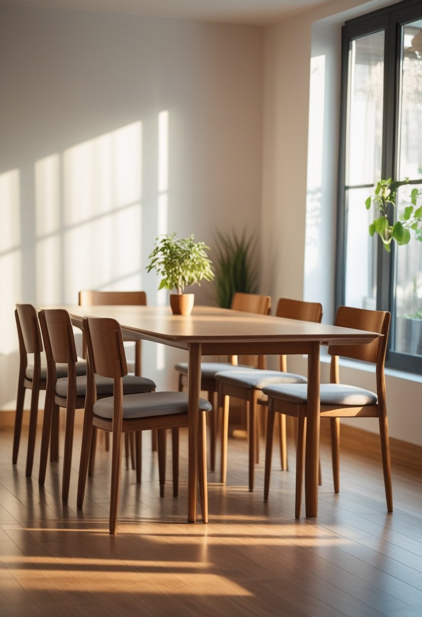 A small dining area with a rectangular table and six chairs arranged neatly around it.