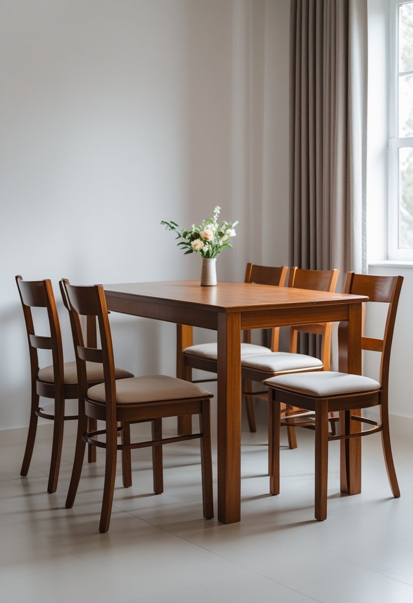 Small dining area with a rectangular table and six chairs arranged neatly around it.