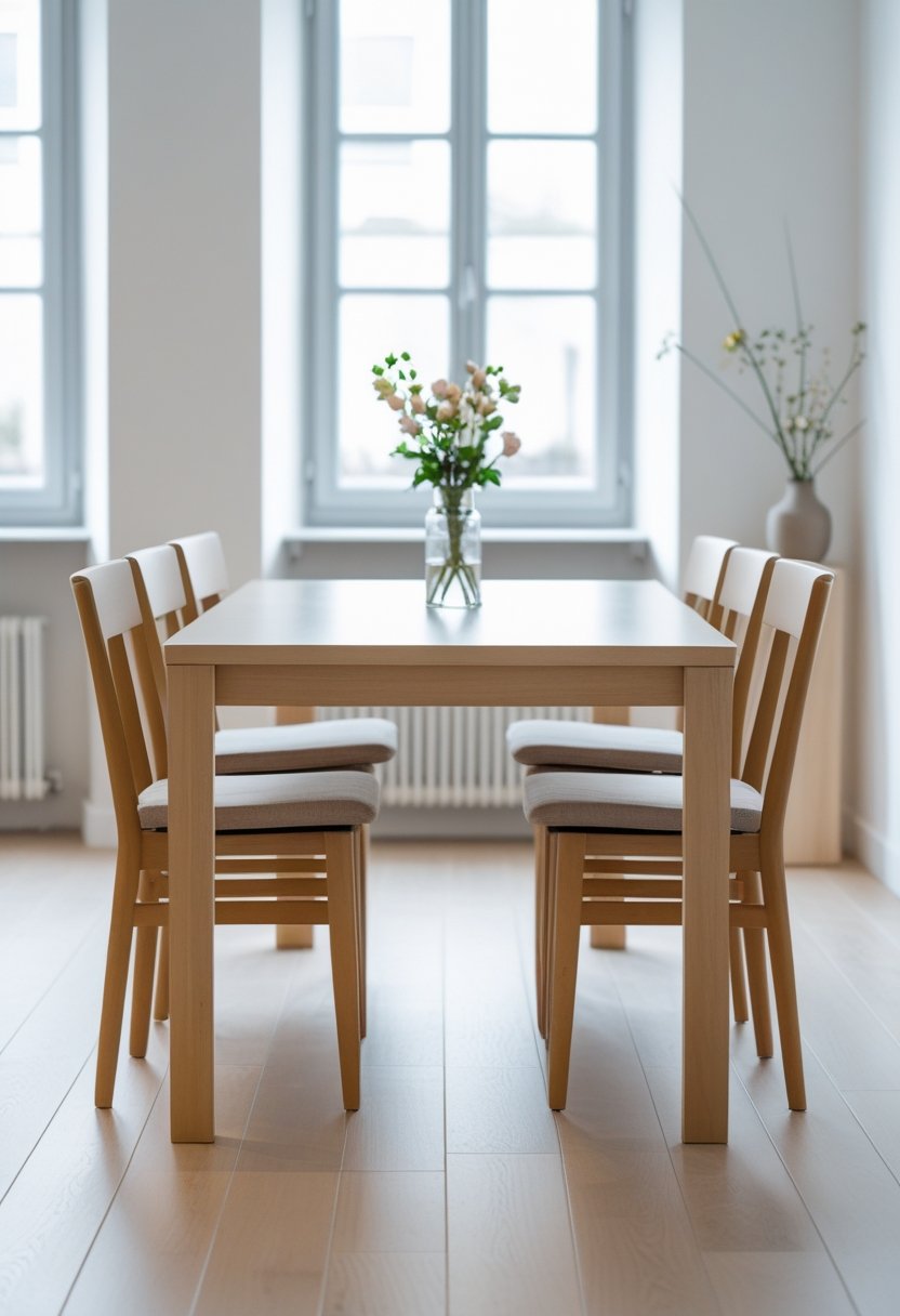 A small dining area with a rectangular table and six chairs arranged neatly around it.