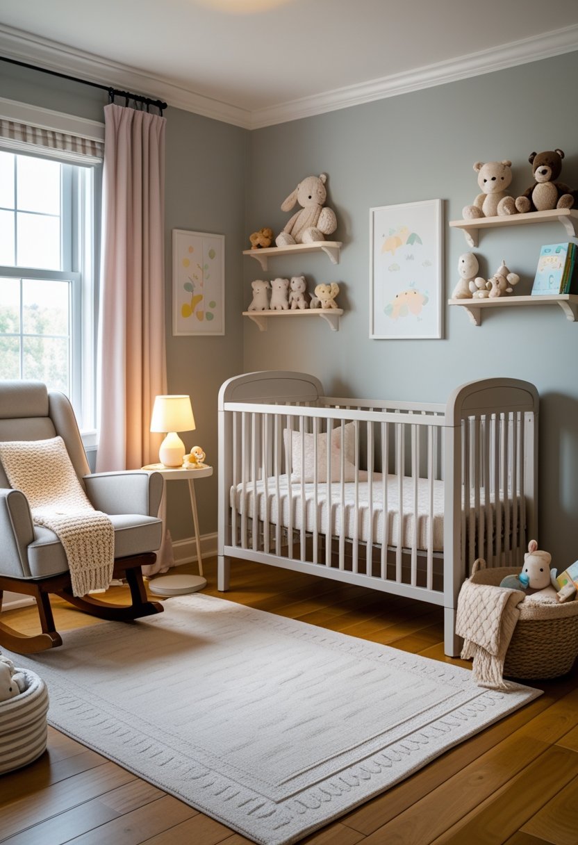 A nursery room with a crib, rocking chair, soft rug, and shelves with toys and books.