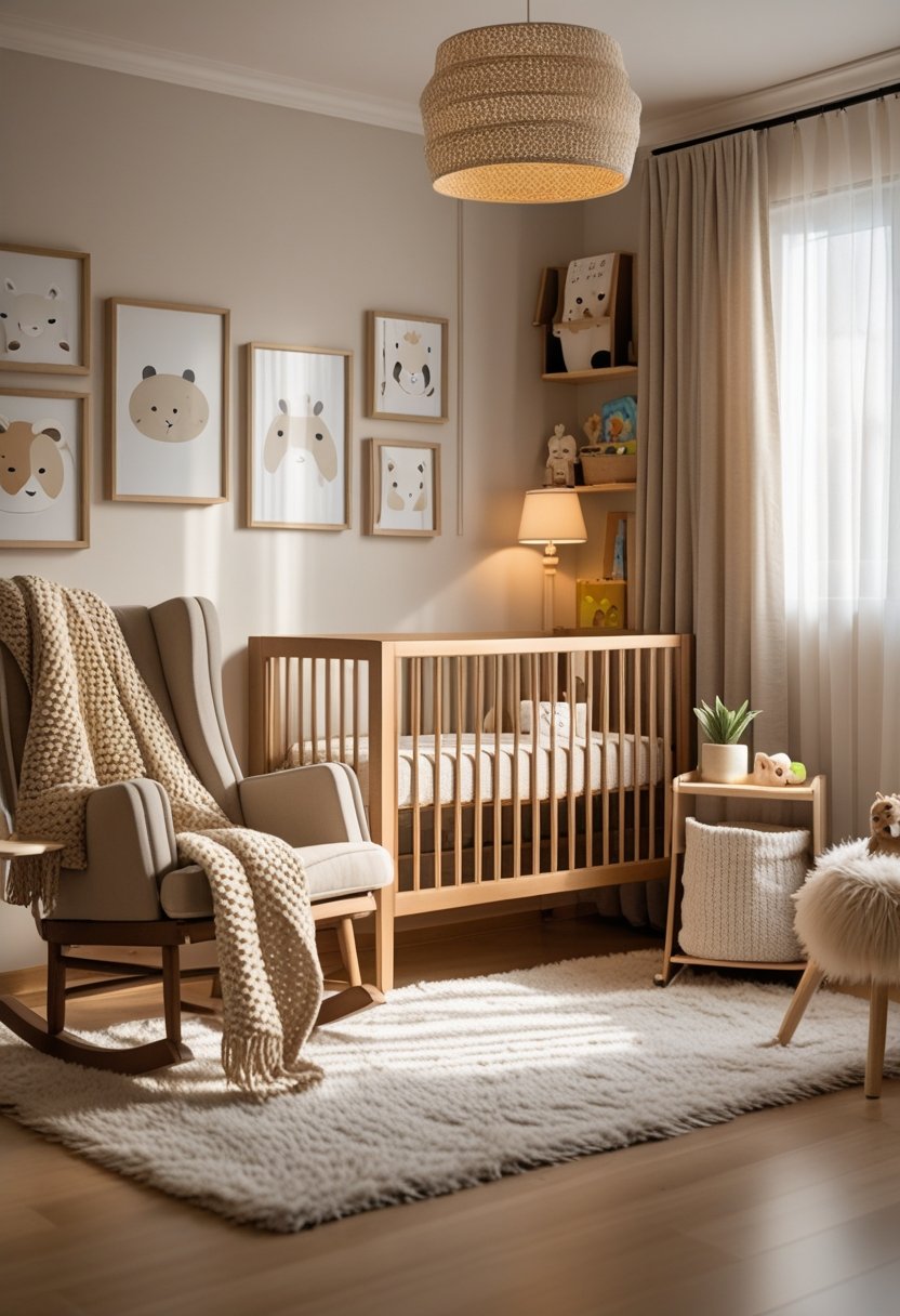 A cozy nursery room with a wooden crib, rocking chair, bookshelf with toys, soft rug, and warm natural light.