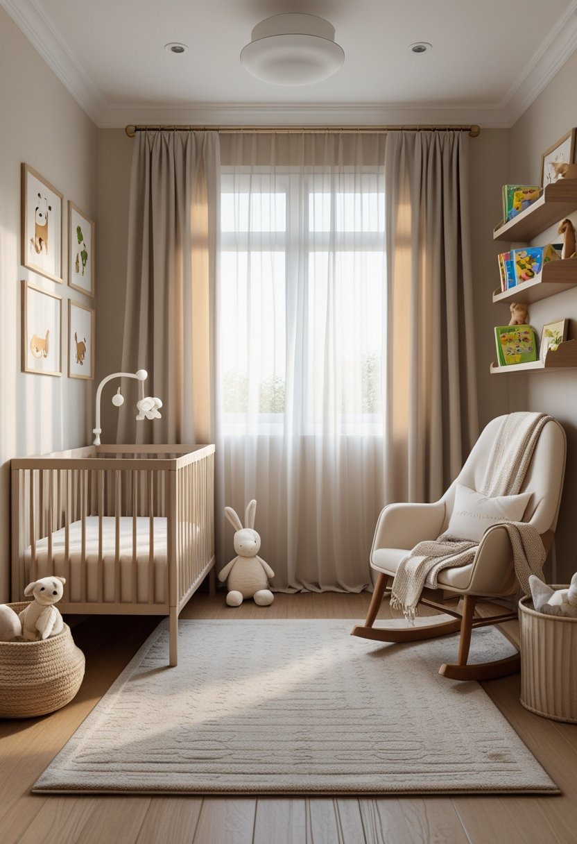 A cozy nursery room with a crib, rocking chair, bookshelf, and soft natural light.