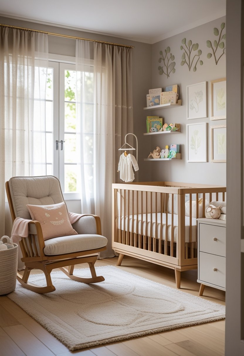 A nursery room with a wooden crib, rocking chair, soft rug, and shelves with books and toys, softly lit by natural light.