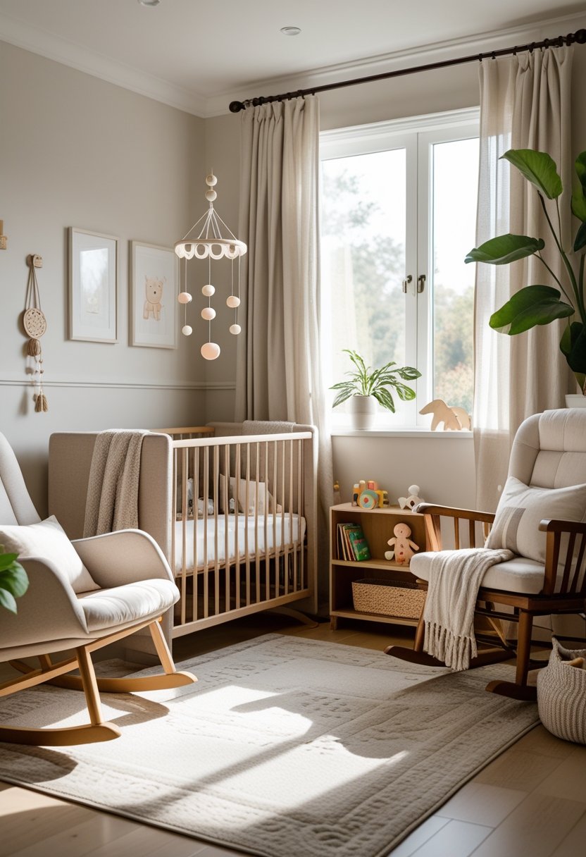 A cozy nursery room with a crib, rocking chair, bookshelf, rug, and natural light creating a warm and inviting space for a baby.