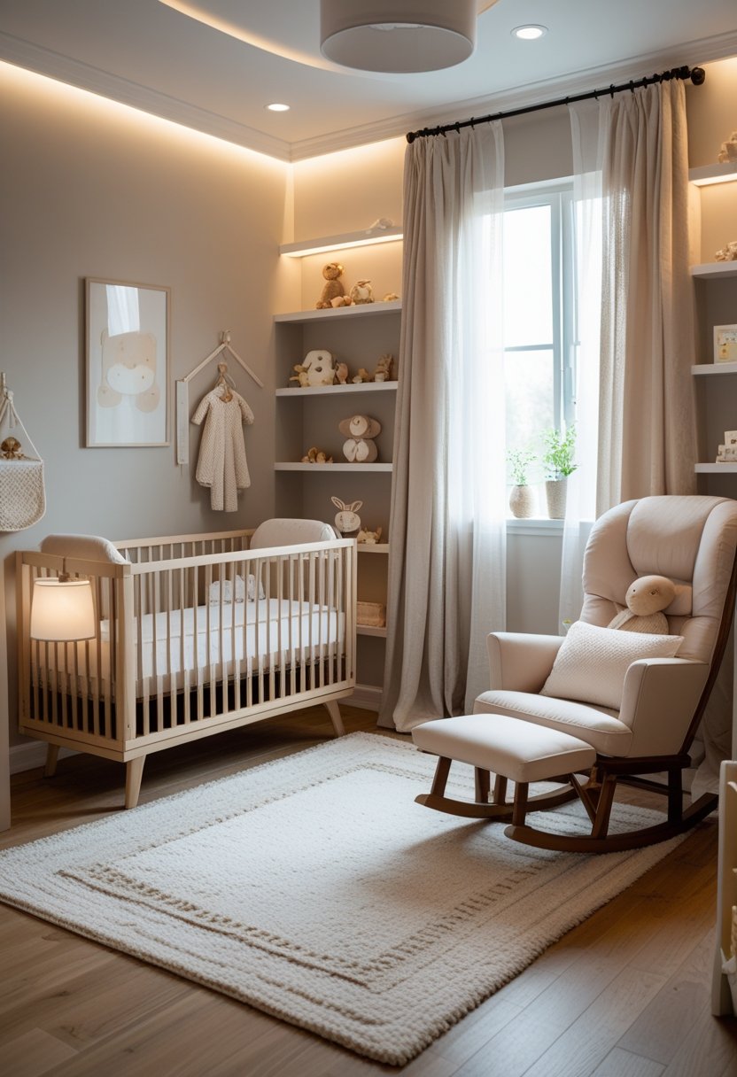 A cozy nursery room with a crib, rocking chair, shelves with toys and books, soft lighting, and a rug on the floor.