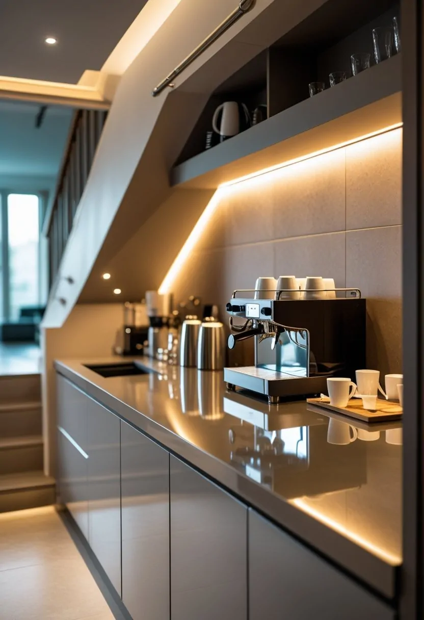 Under-stair coffee and beverage bar with countertops, backsplash, and warm lighting.