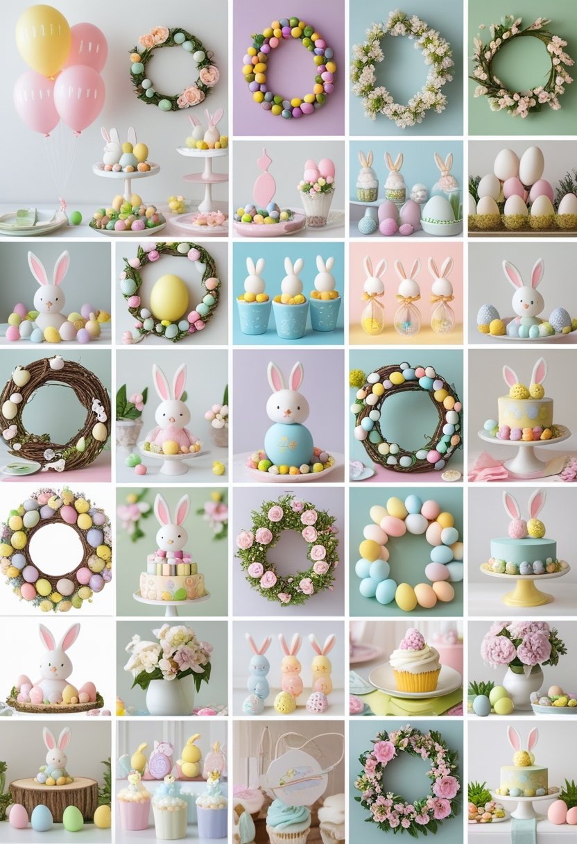 A collage of 25 different Easter baby shower decorations including pastel balloons, floral wreaths, decorated eggs, table centerpieces, garlands, plush toys, and cake toppers arranged neatly.