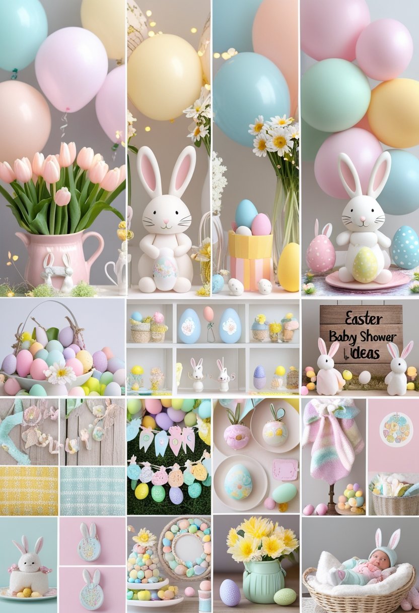 A collage of 25 Easter baby shower decorations including pastel balloons, flowers, bunny figurines, decorated eggs, baby clothes, and table settings arranged in a bright and festive scene.