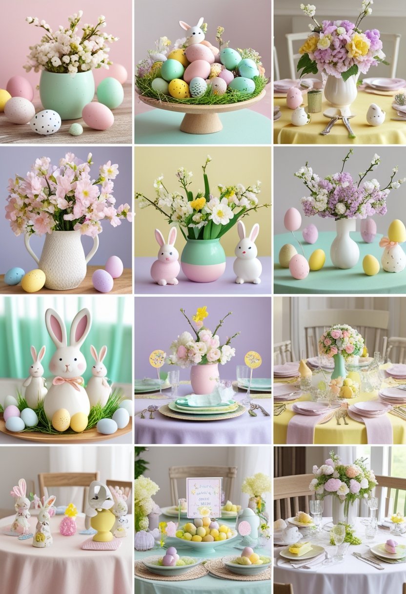 A collage of 25 different Easter baby shower table settings featuring pastel decorations, floral centerpieces, bunny figurines, decorated eggs, and soft linens arranged in a grid.