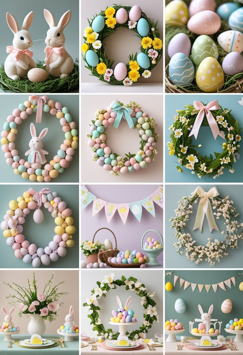 A collage of 25 Easter baby shower decorations featuring pastel-colored bunnies, painted eggs, floral wreaths, fabric bunting, table centerpieces, and baby-themed ornaments arranged in a festive display.