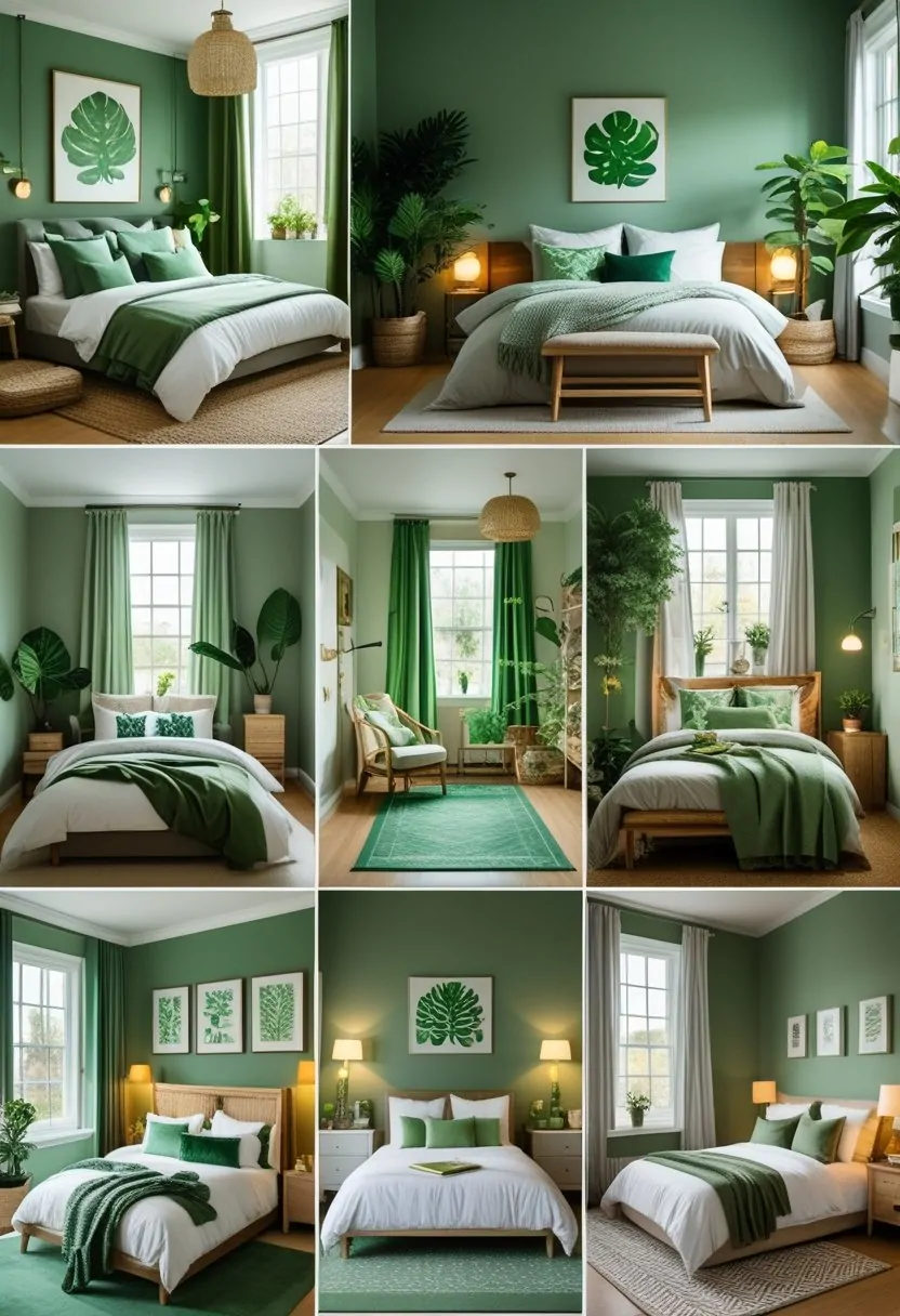 A collage of six bedrooms, each decorated with green walls, bedding, plants, and furniture creating cozy and inviting spaces.