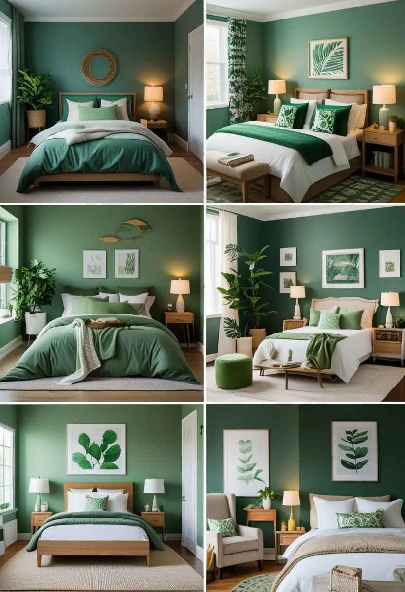 A collage showing six bedrooms, each decorated with green-themed interiors featuring beds, plants, and cozy furnishings.