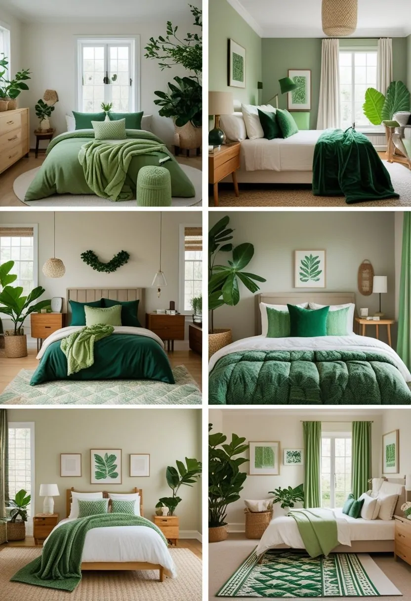 A collage of six bedrooms, each with green textiles and cozy furnishings creating warm and inviting spaces.