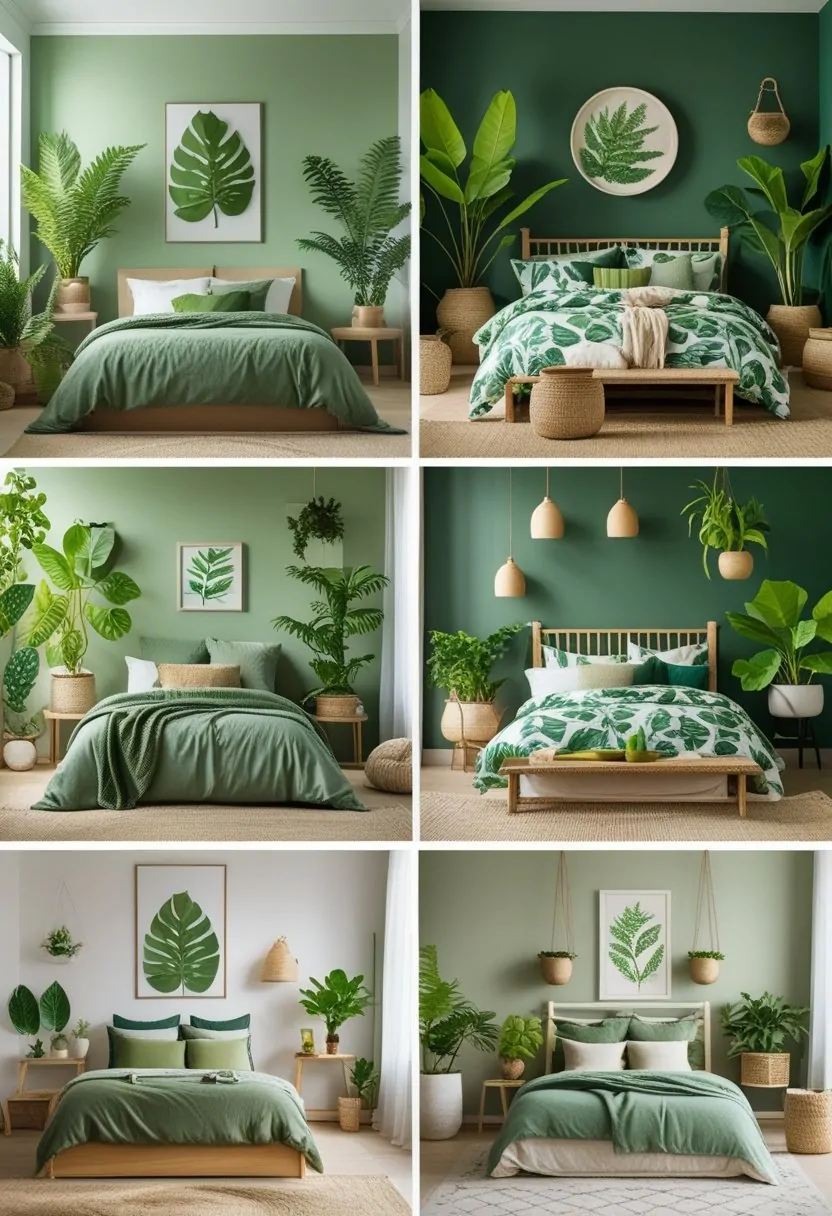 A collage of six bedrooms each featuring green-themed interiors with plants, wooden furniture, and cozy bedding.