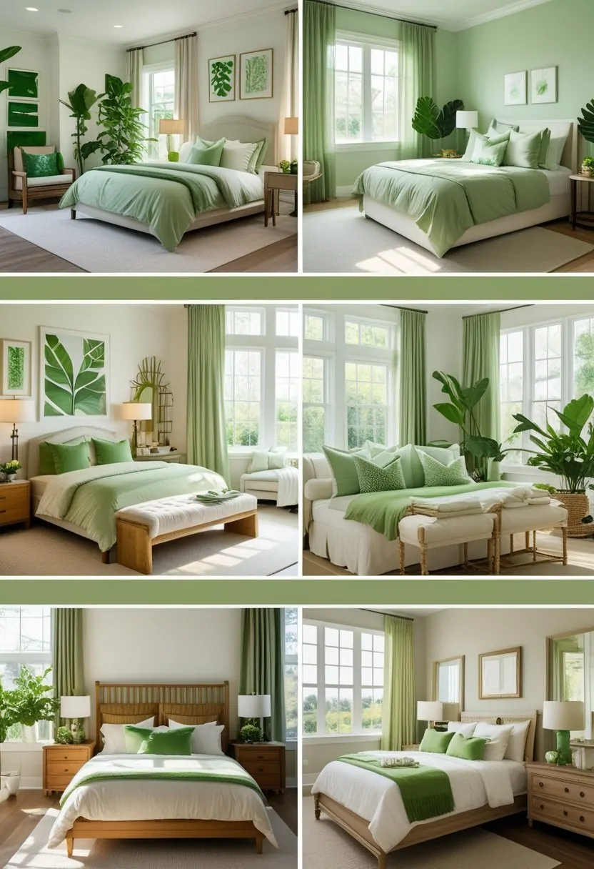 A collage of six bedrooms, each with green decor, natural light, and plants creating a cozy and airy atmosphere.