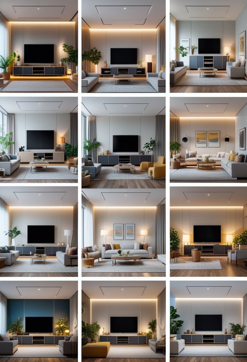 A collection of twenty modern living room entertainment setups featuring TVs, furniture, and decorative items arranged in a clean and inviting space.