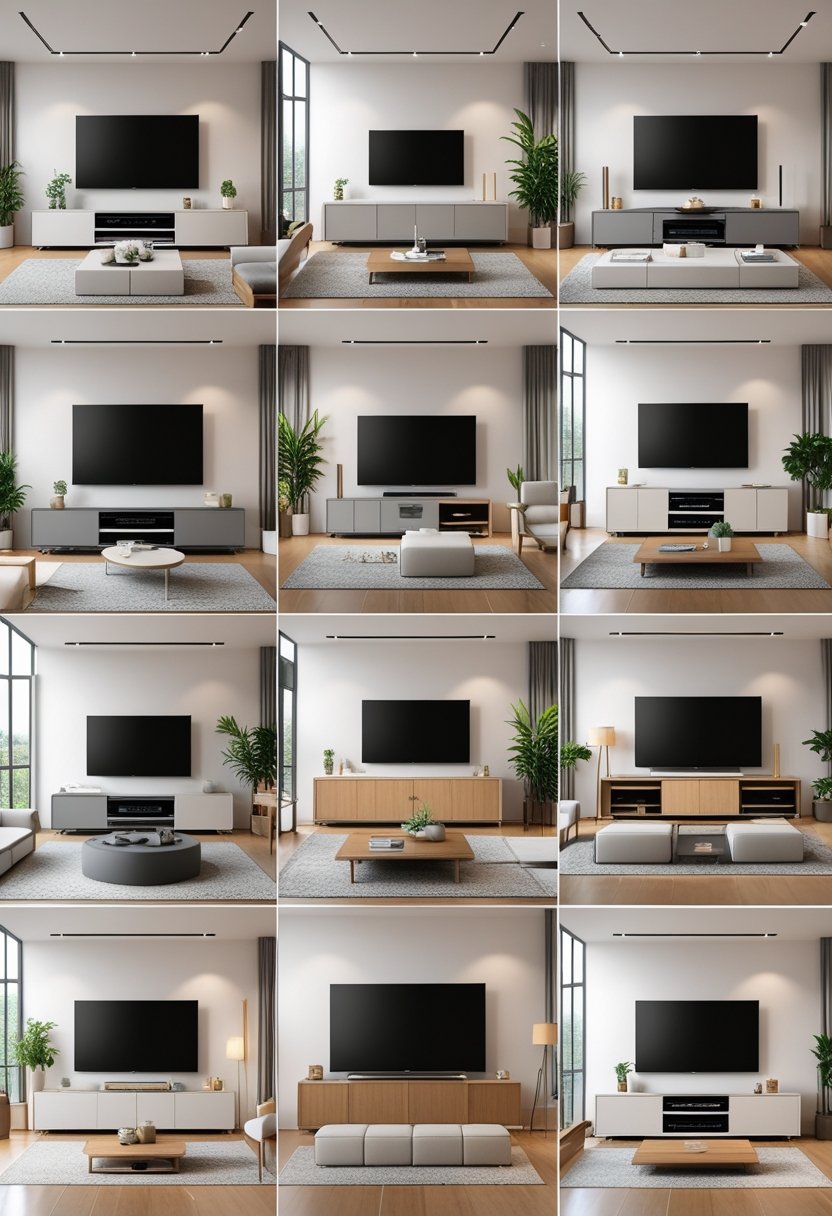 A spacious room displaying twenty different living room entertainment setups with modern furniture and large flat-screen TVs.