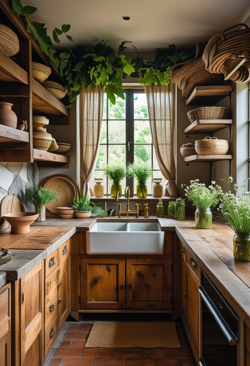 A rustic kitchen with wooden cabinets, a farmhouse sink, a wooden dining table with fresh herbs and flowers, and plants near a window letting in natural light.
