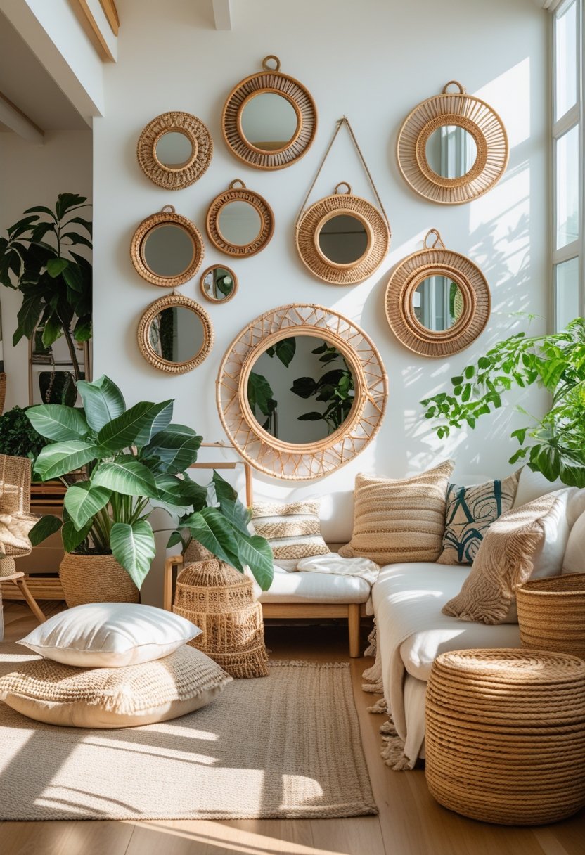 A bright living room with multiple decorative mirrors placed on walls and furniture, surrounded by plants and cozy seating.