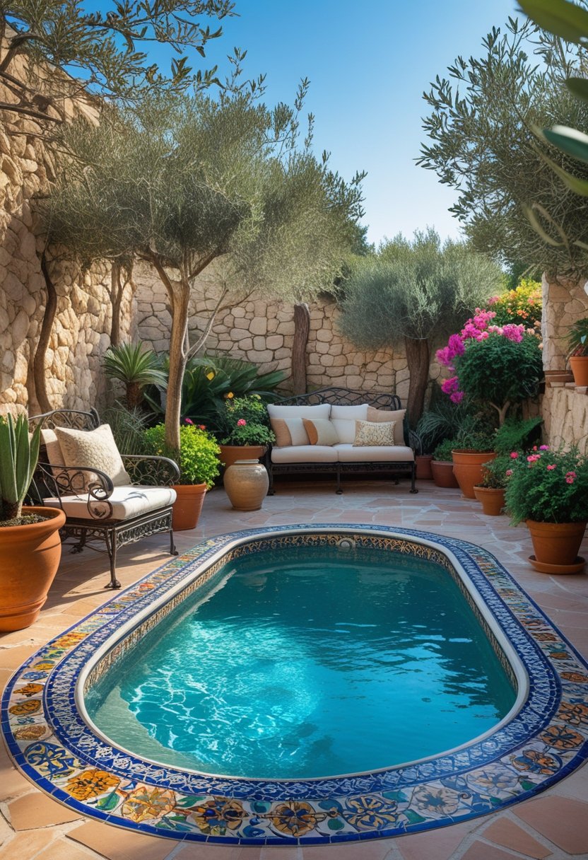 A small outdoor swimming pool surrounded by plants, stone walls, and comfortable seating under a clear sky.
