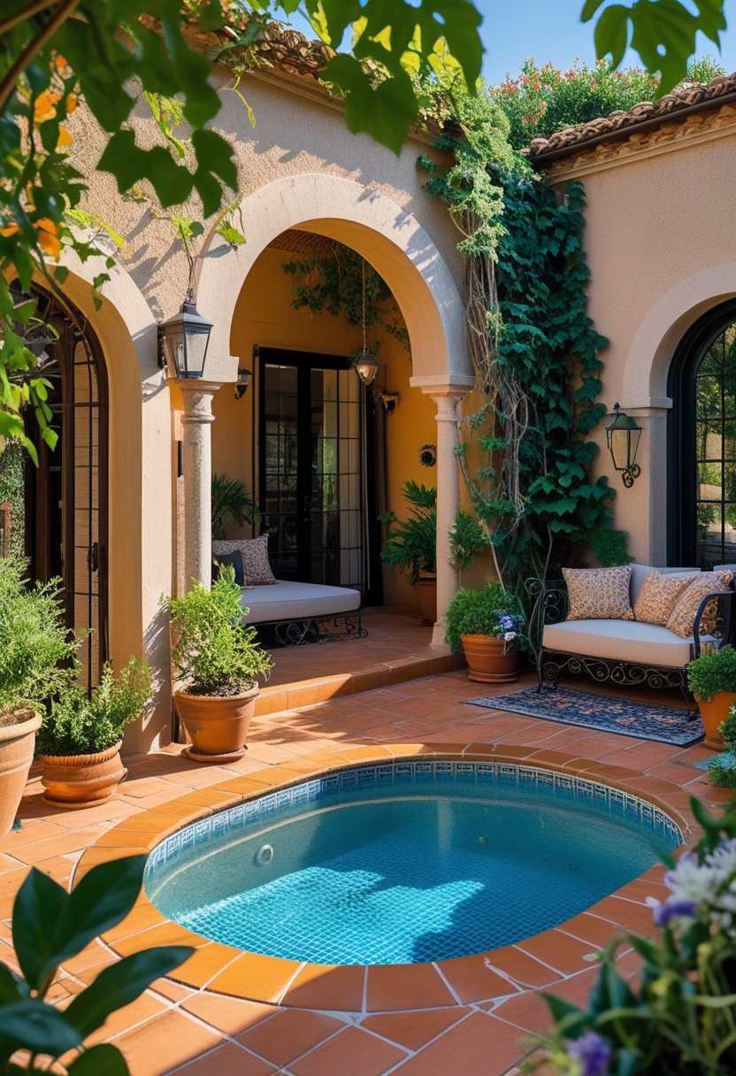 Outdoor living space with a small tiled swimming pool surrounded by plants and comfortable seating.