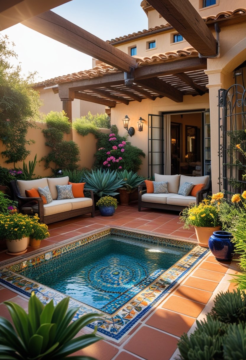 A small swimming pool surrounded by comfortable seating, plants, and natural sunlight in an outdoor living area connected to the indoors.