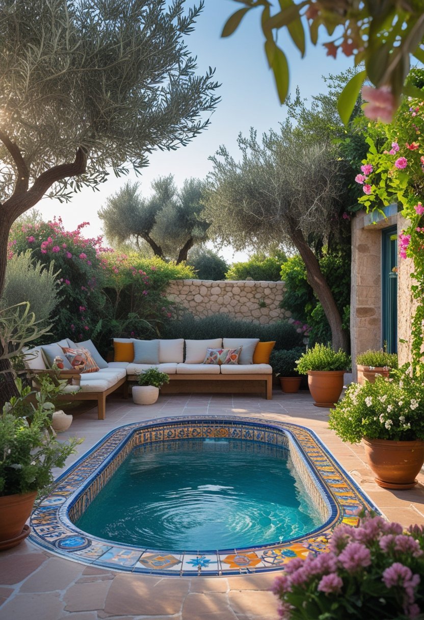 Small swimming pool surrounded by colorful tiles, lush plants, and outdoor seating in a sunny garden setting.