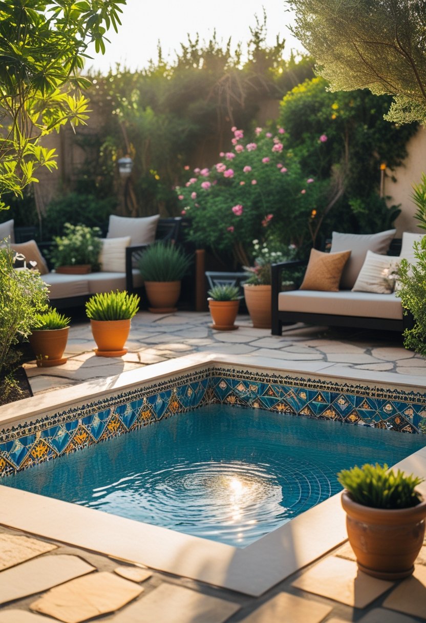 A small tiled swimming pool surrounded by plants and outdoor seating in a peaceful garden setting.