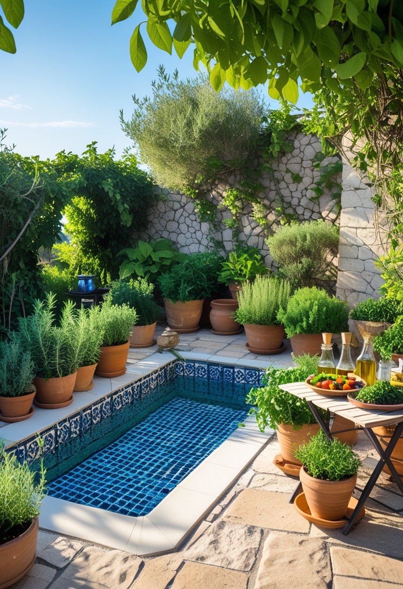 An outdoor swimming pool surrounded by green herb plants, wooden furniture, and stone flooring under a clear sky.