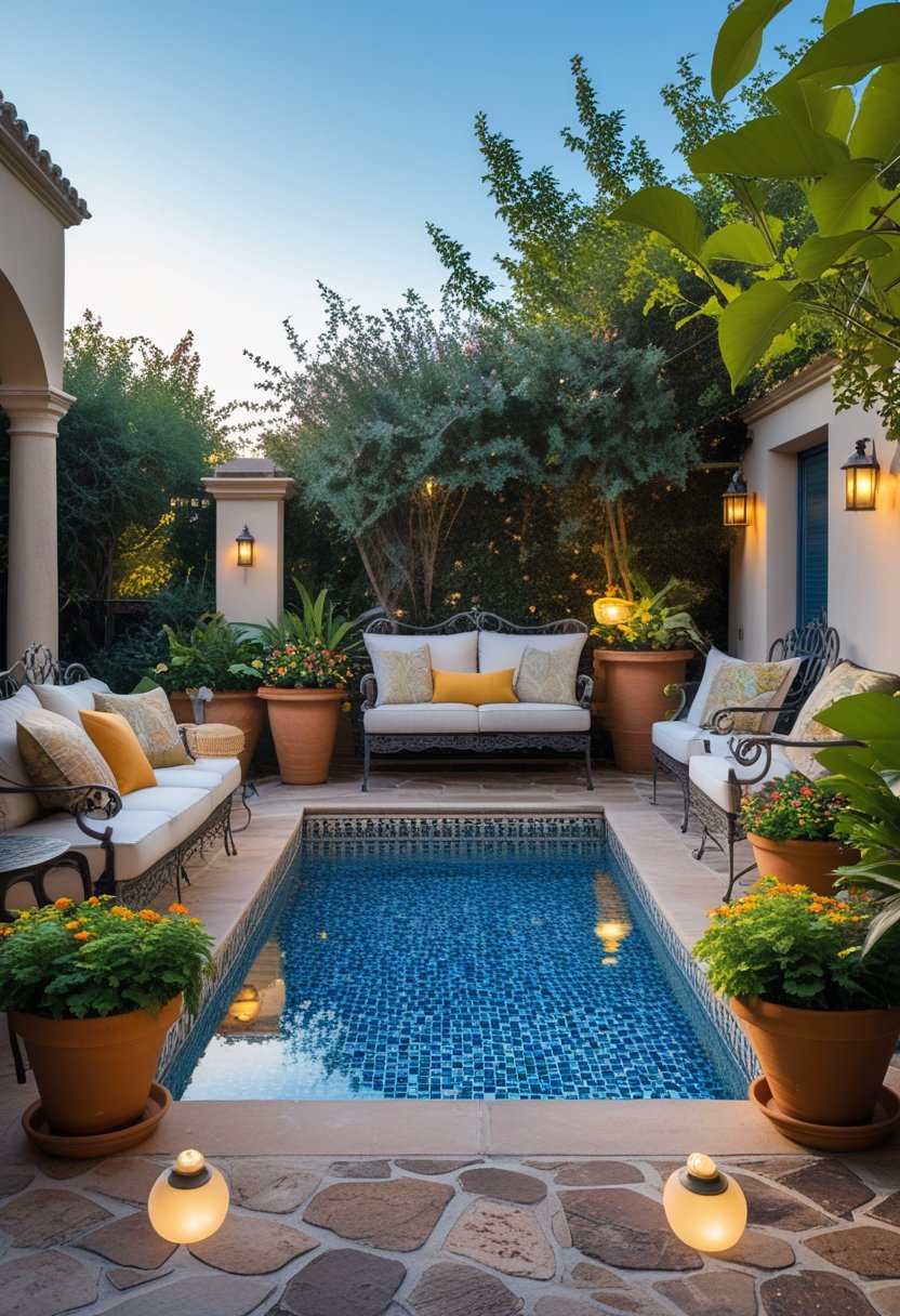 A small swimming pool surrounded by comfortable seating, plants, and outdoor furniture in a cozy outdoor living area.