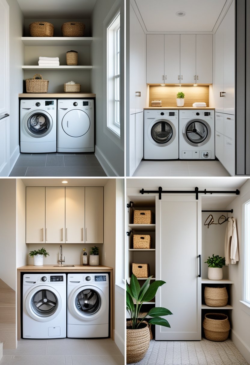 Four different under-stairs laundry room setups showing washers, dryers, storage cabinets, and laundry accessories arranged efficiently in small spaces.