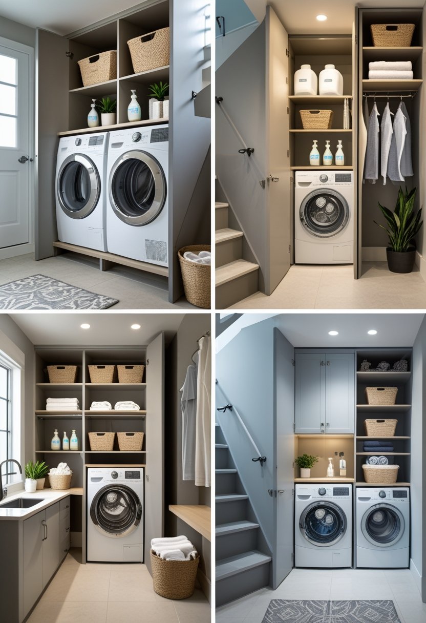 An under-stairs laundry room with a washer and dryer, shelves with laundry supplies, baskets, and a folding countertop.