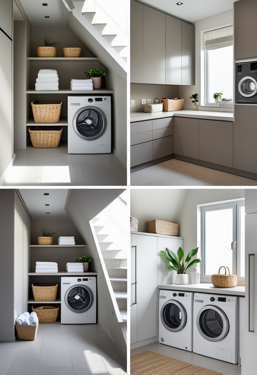 A compact laundry space built under a staircase with washing machines, shelves, and storage solutions.