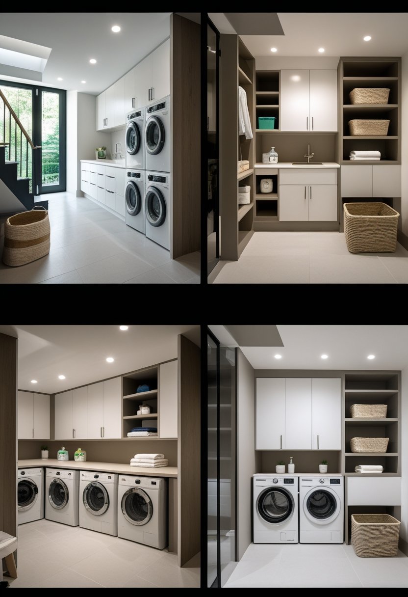 Four different under-stairs laundry room setups with washing machines, dryers, storage cabinets, and shelves in a well-lit home interior.