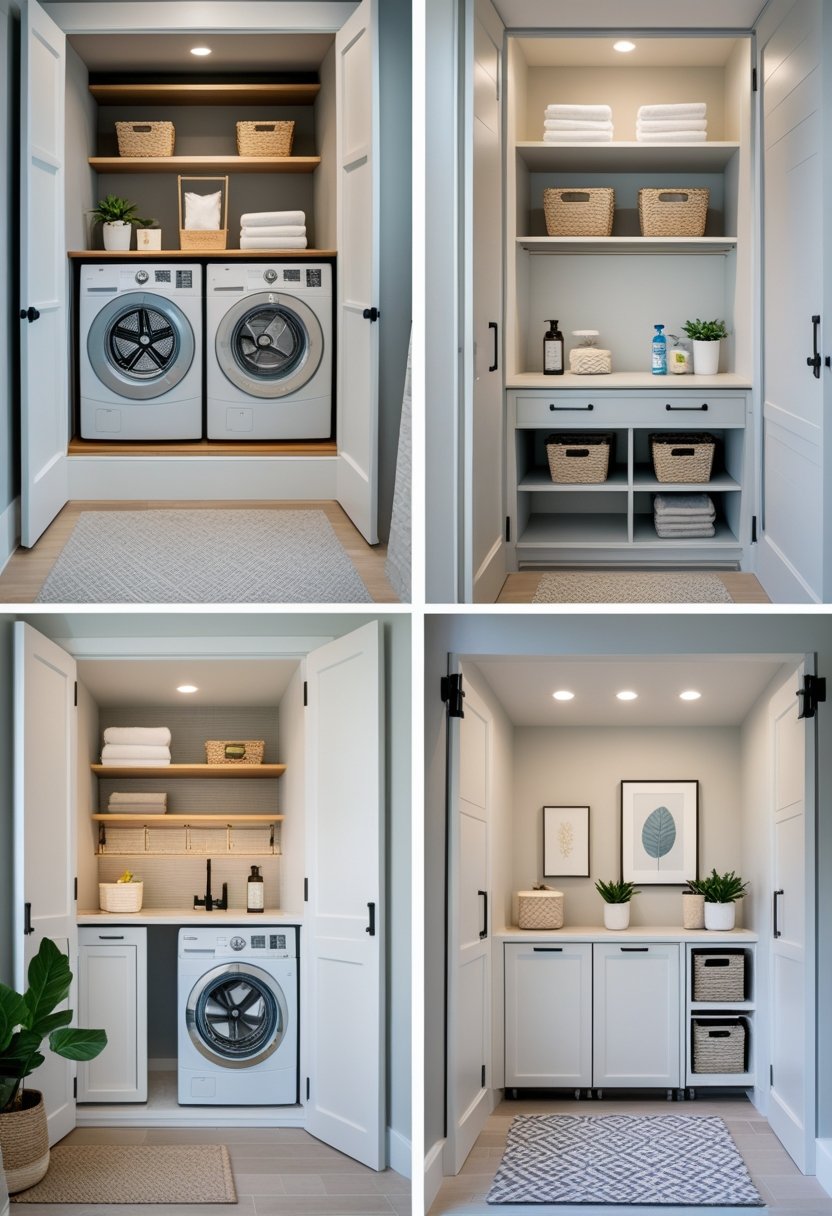 Four different under-stairs laundry nook setups with washers, dryers, shelves, and storage solutions in bright, clean spaces.