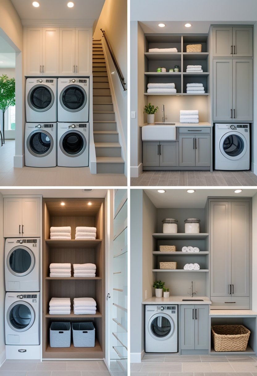 Four different under-stairs laundry rooms showing compact washers, dryers, shelves, and storage solutions in a bright interior space.