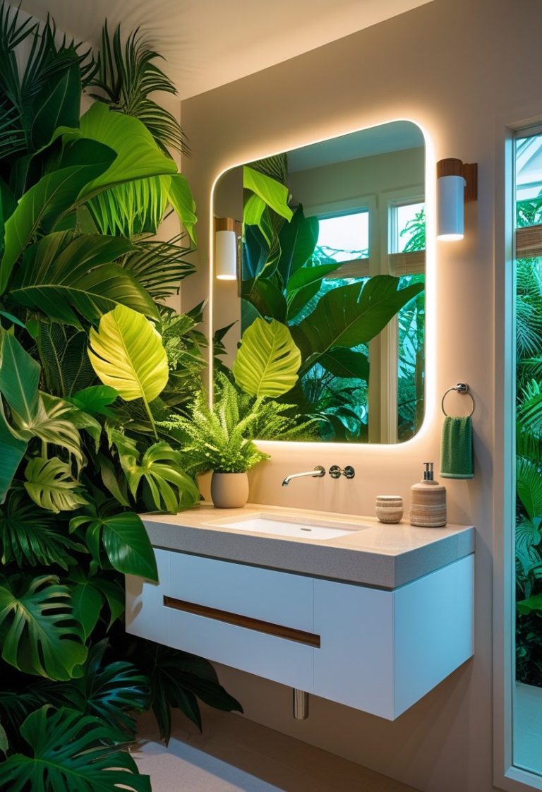 Vibrant Tropical Powder Room with Gold Accents - Idea Dash
