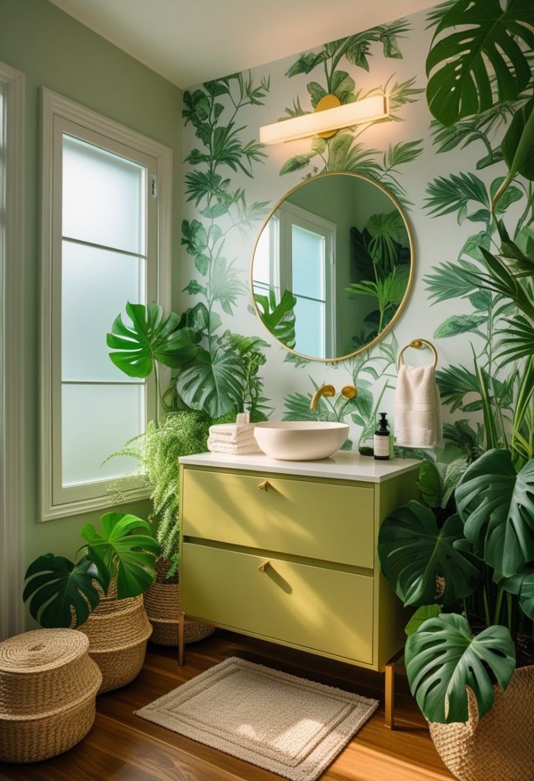 Vibrant Tropical Powder Room with Gold Accents - Idea Dash