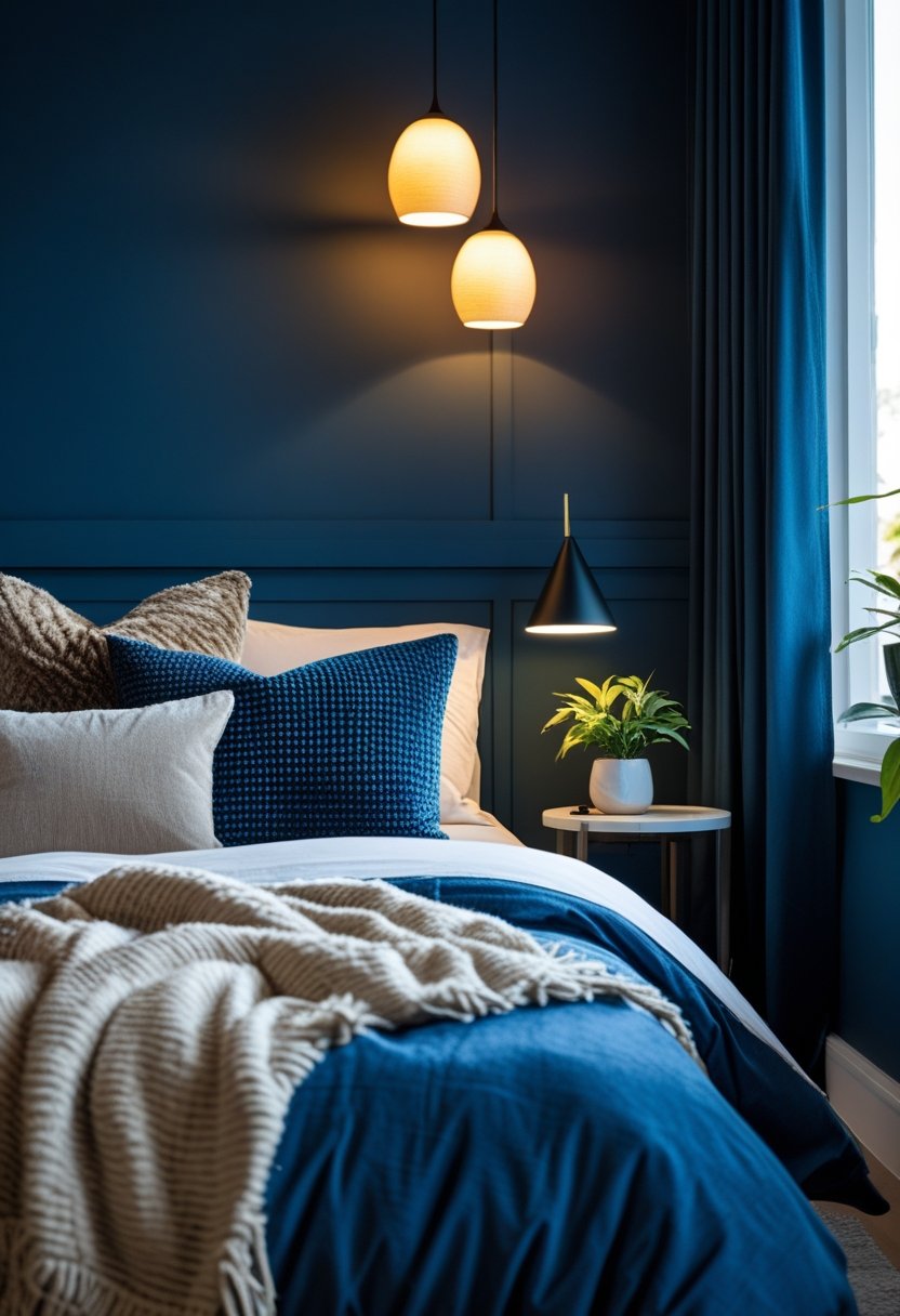 A bedroom with a deep blue wall, warm pendant lights, a neatly made bed, and a bedside table with decor.