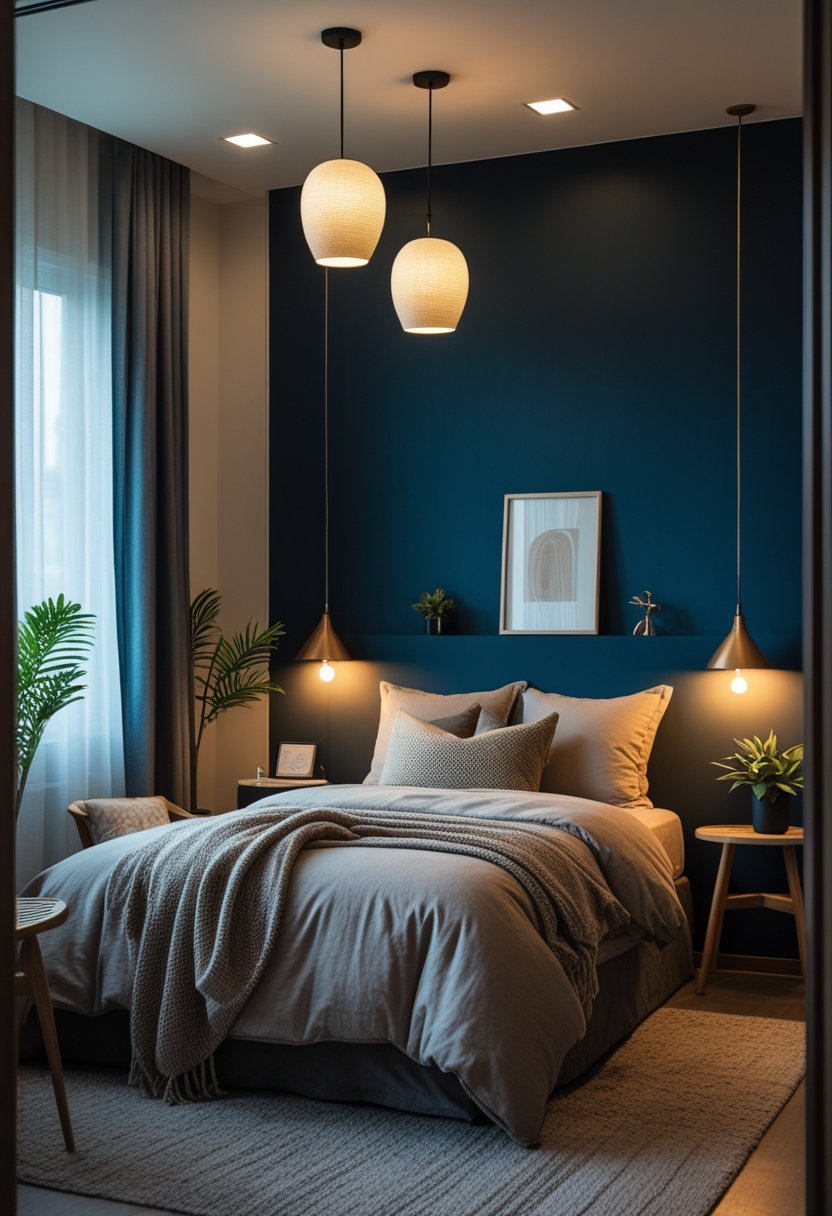 A bedroom with a deep blue accent wall, warm pendant lights, a neatly made bed, and wooden furniture.