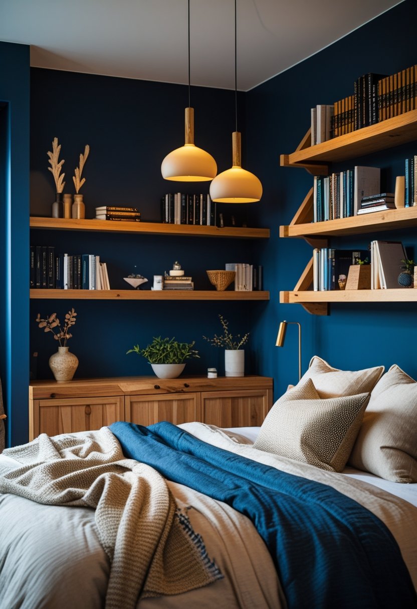 Cozy bedroom with a deep blue accent wall, wooden shelves, warm pendant lights, and a neatly made bed.
