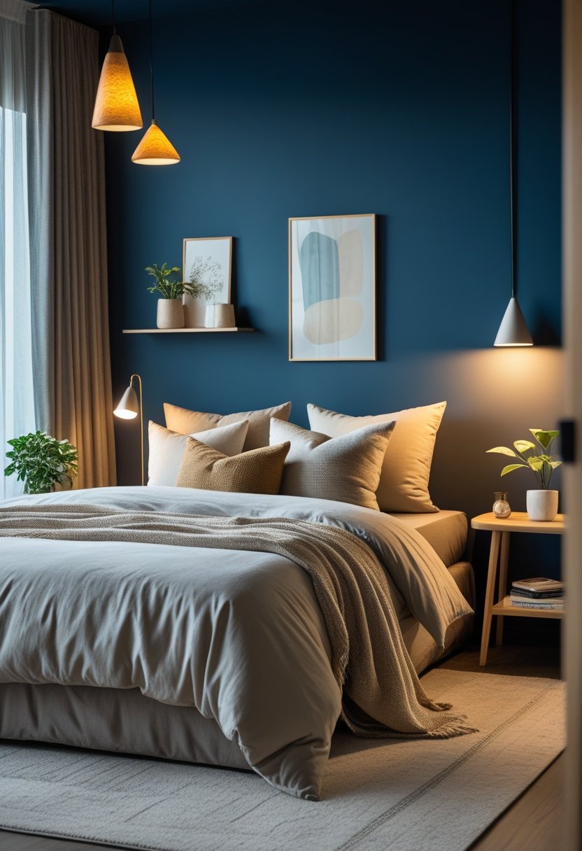 A bedroom with a deep blue wall, a bed with pillows, warm pendant lights, a wooden nightstand with a plant, and soft natural light coming through curtains.