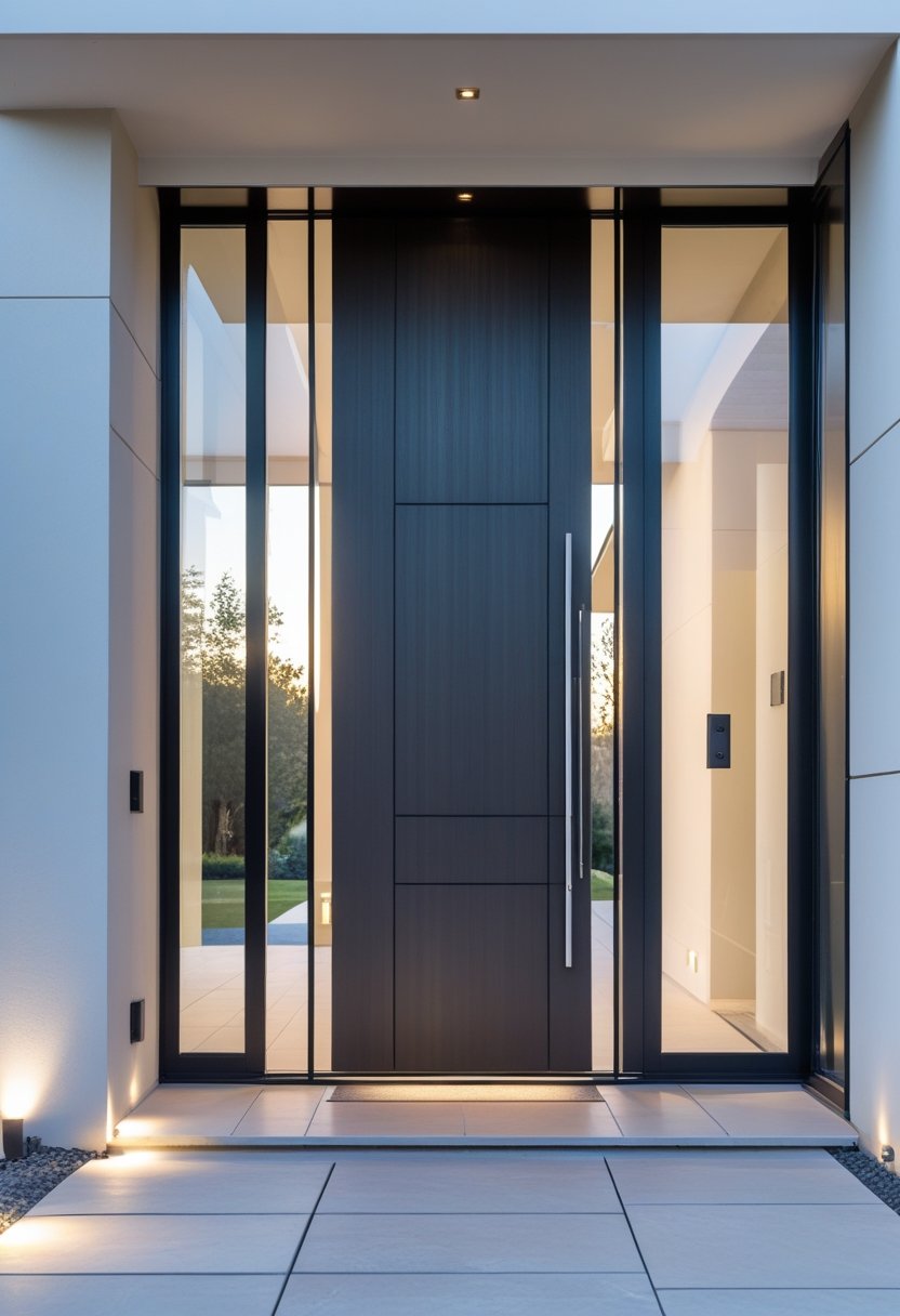 A modern front door entrance with large glass panels on each side and stone tile flooring.