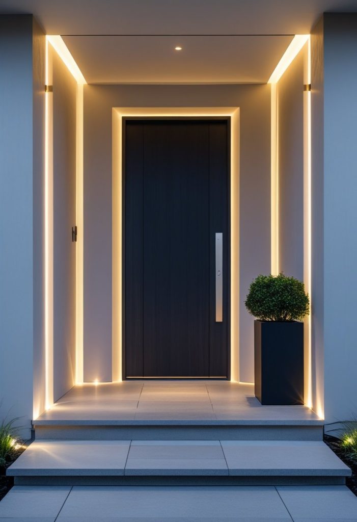 "Sleek Modern Front Door with Lighting & Natural Accents" - Idea Dash