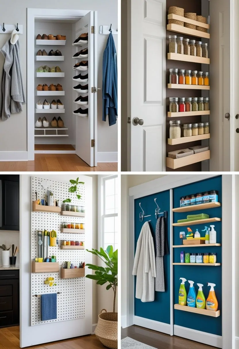 A collage of four different behind-the-door storage setups including shoe organizers, spice racks, a pegboard with tools, and shelves with cleaning supplies.