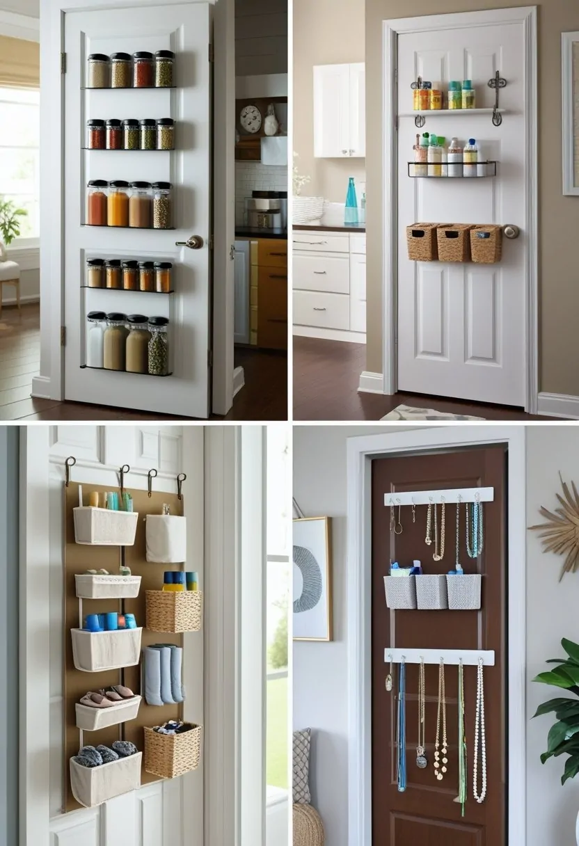A collage of four creative behind-the-door storage solutions including a spice rack, shoe organizer, cleaning supply holders, and a jewelry organizer.